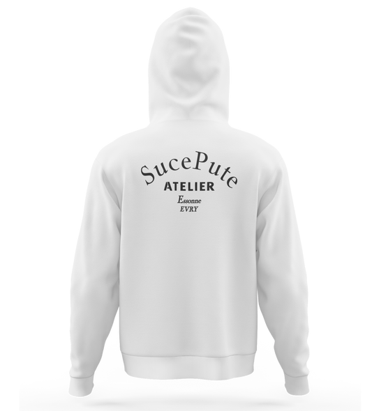 SWEAT-SHIRT CAPUCHE | "ATELIER" - Blanc/Noir