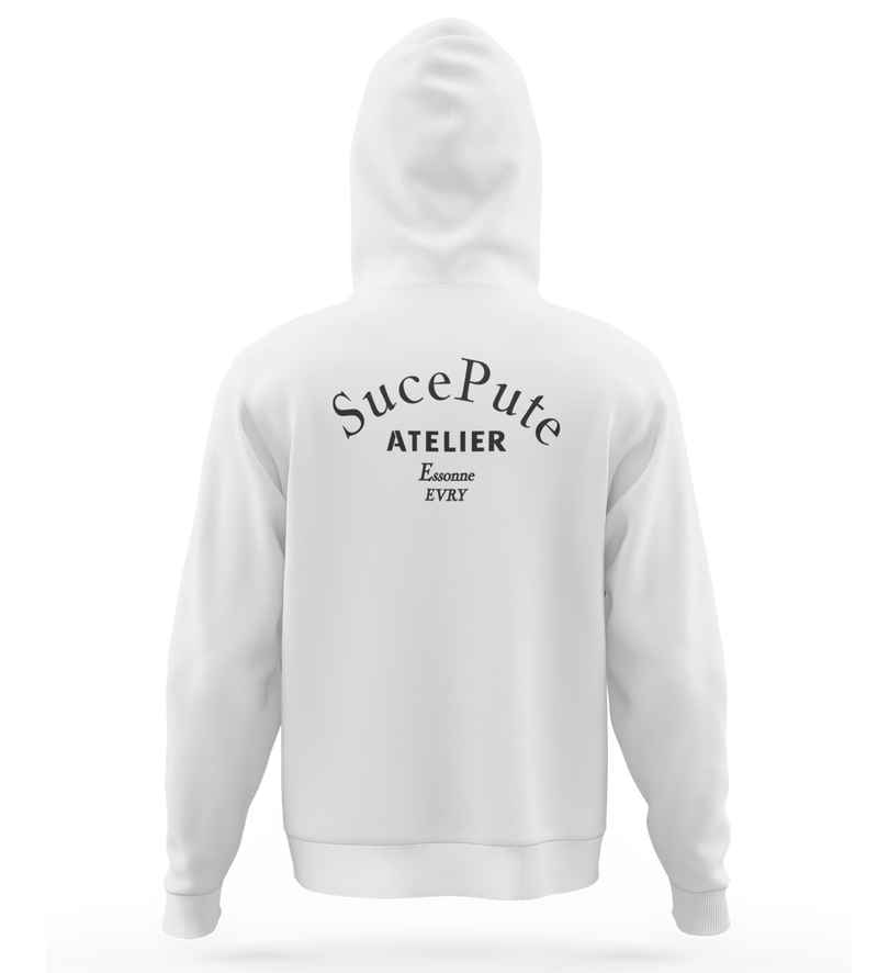 SWEAT-SHIRT CAPUCHE | "ATELIER" - Blanc/Noir